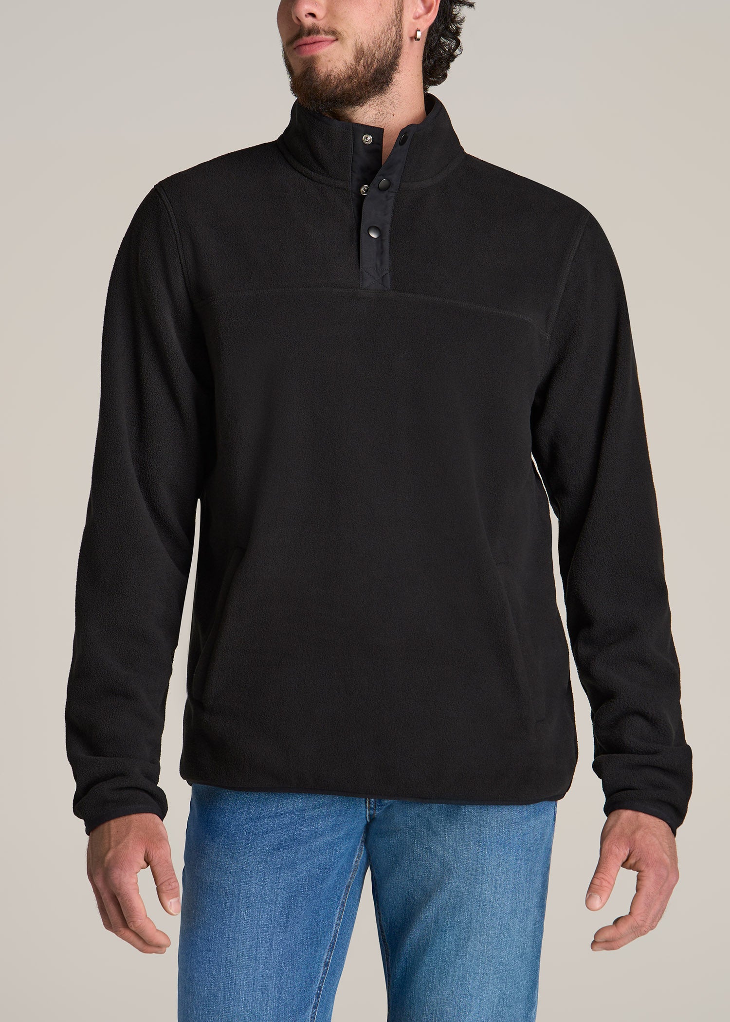Polar Fleece 3-Snap Pullover Sweatshirt for Tall Men in Black