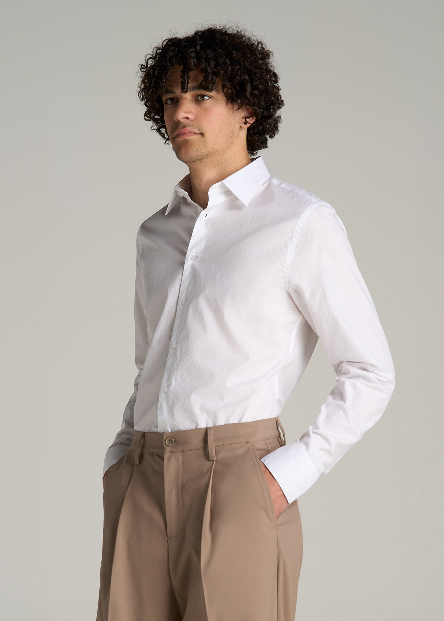 Premium Dress Shirt for Tall Men in White Dobby