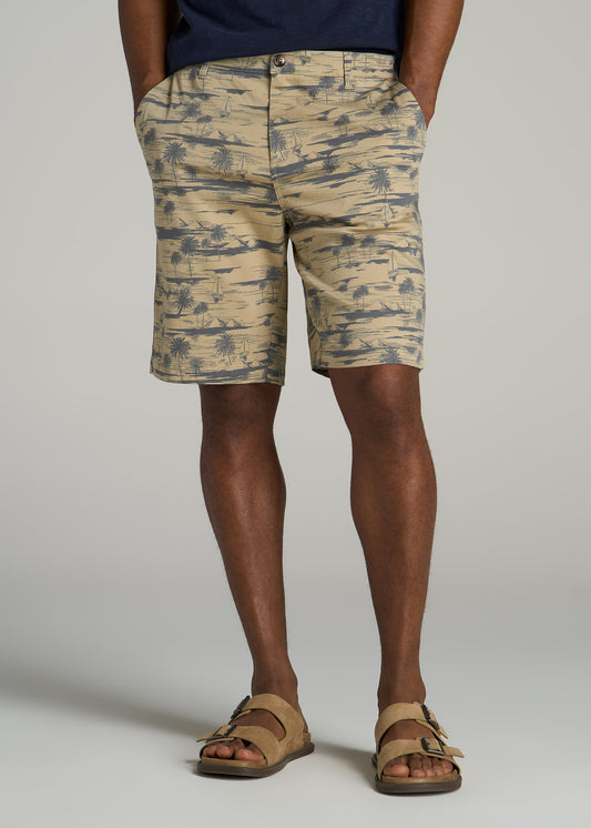 Printed Stretch Cotton Shorts for Tall Men in Grey Oceanic Print