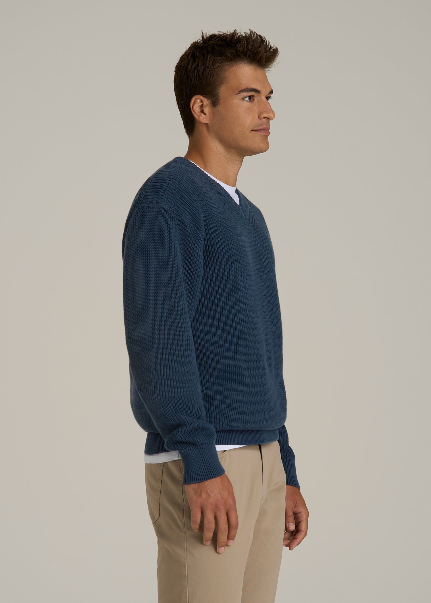 Ribbed Knit V-Neck Sweater for Tall Men in Navy Blue