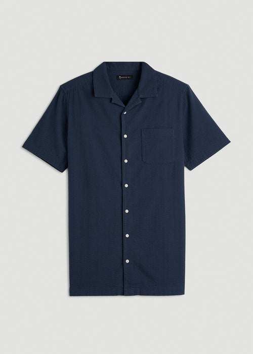 Seersucker Camp Collar Short Sleeve Shirt for Tall Men in Navy Blue