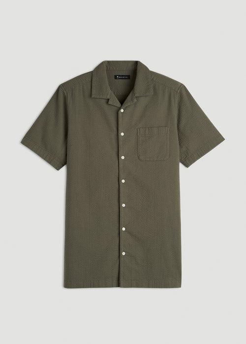 Seersucker Camp Collar Short Sleeve Shirt for Tall Men in Olive