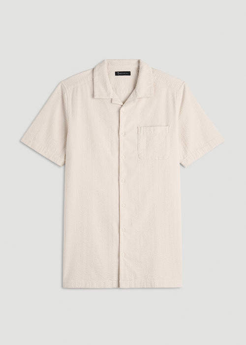 Seersucker Camp Collar Short Sleeve Shirt for Tall Men in White Sand