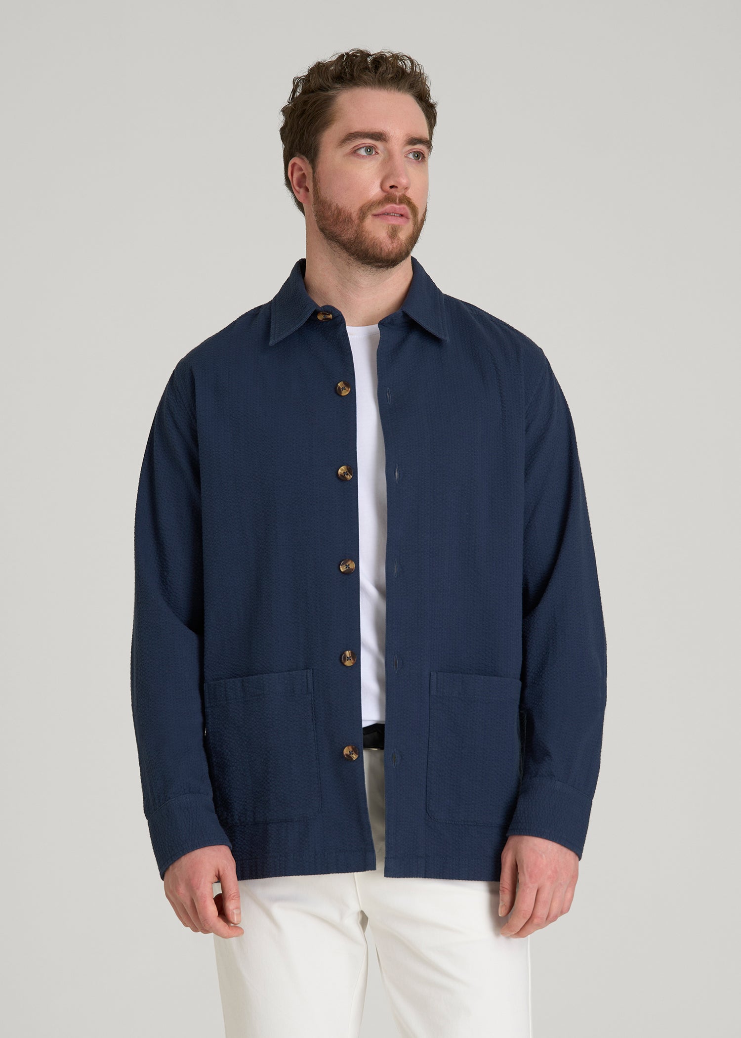 Seersucker Overshirt for Tall Men in Navy Blue
