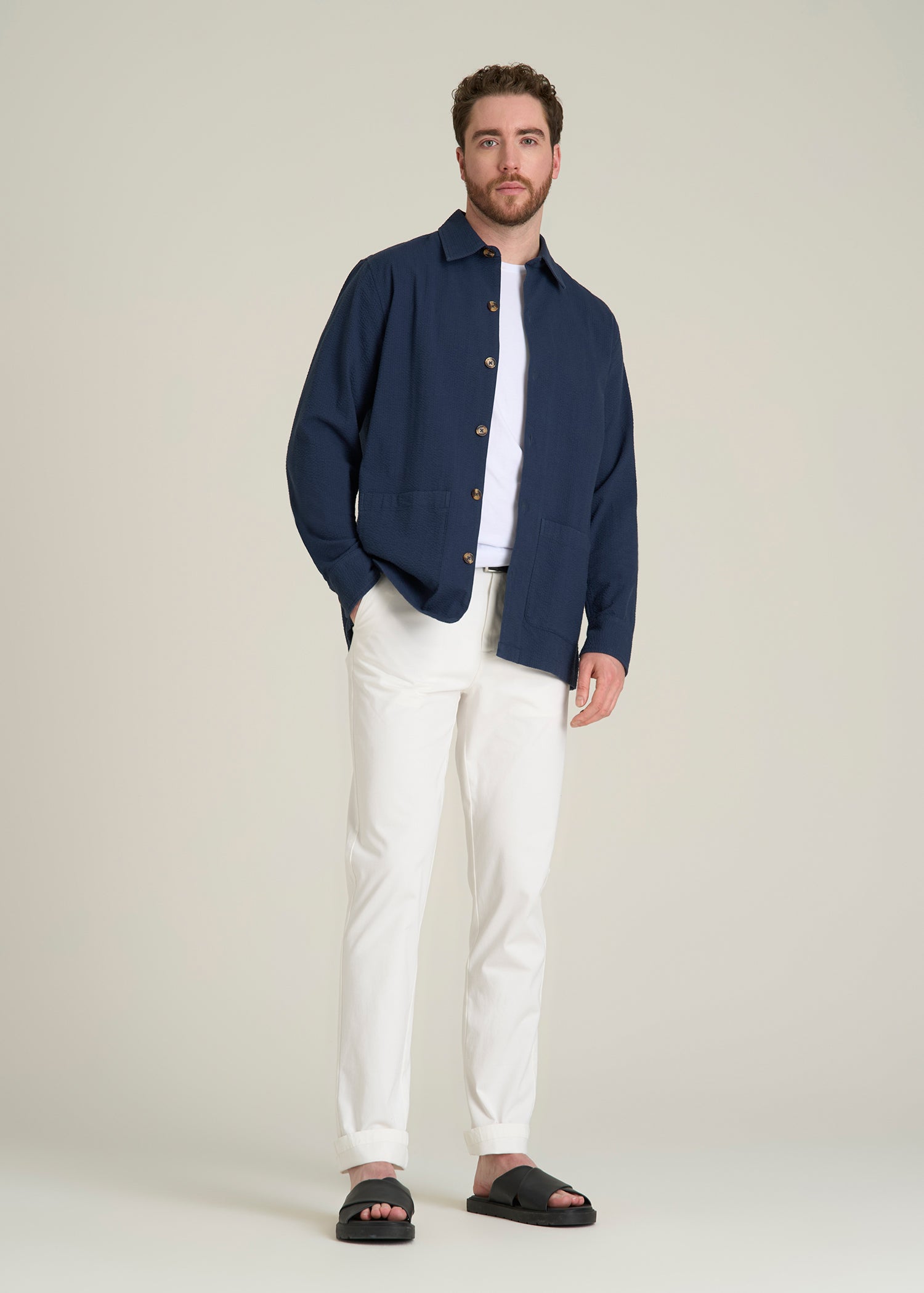 Seersucker Overshirt for Tall Men in Navy Blue