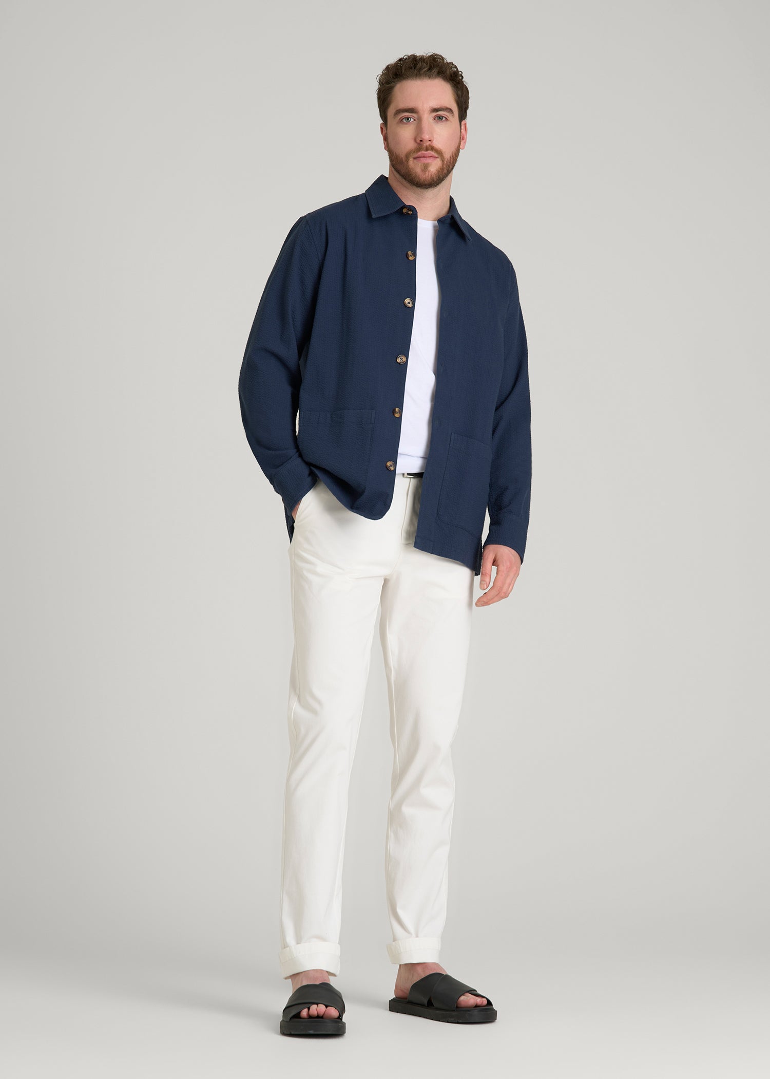 Seersucker Overshirt for Tall Men in Navy Blue