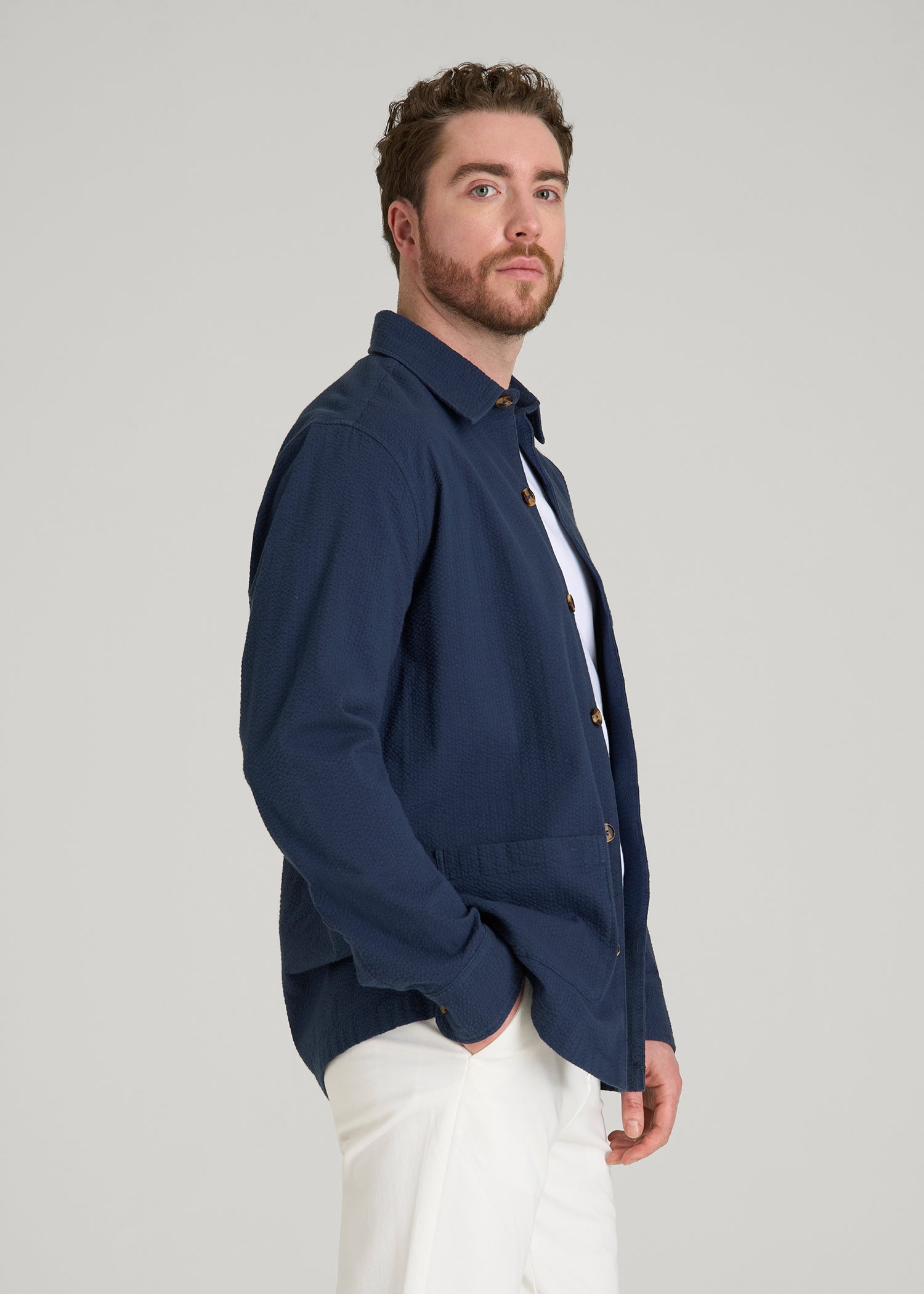 Seersucker Overshirt for Tall Men in Navy Blue