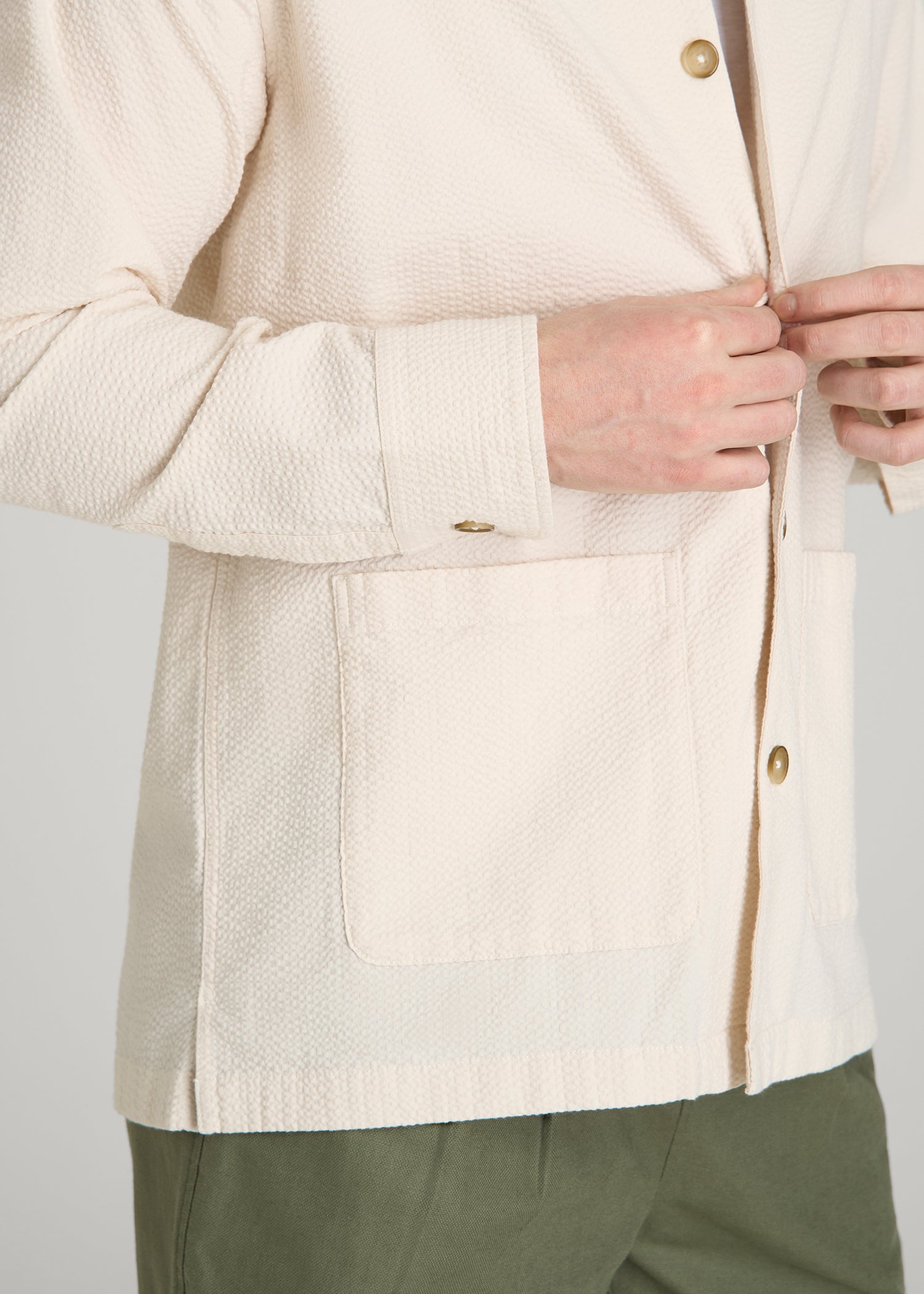 Seersucker Overshirt for Tall Men in White Sand