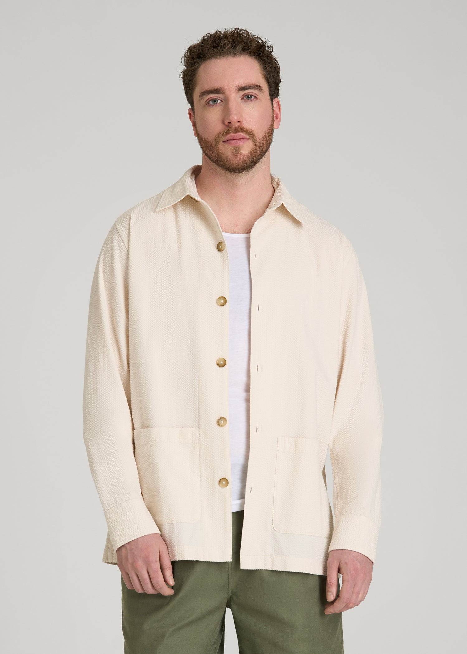 Seersucker Overshirt for Tall Men in White Sand