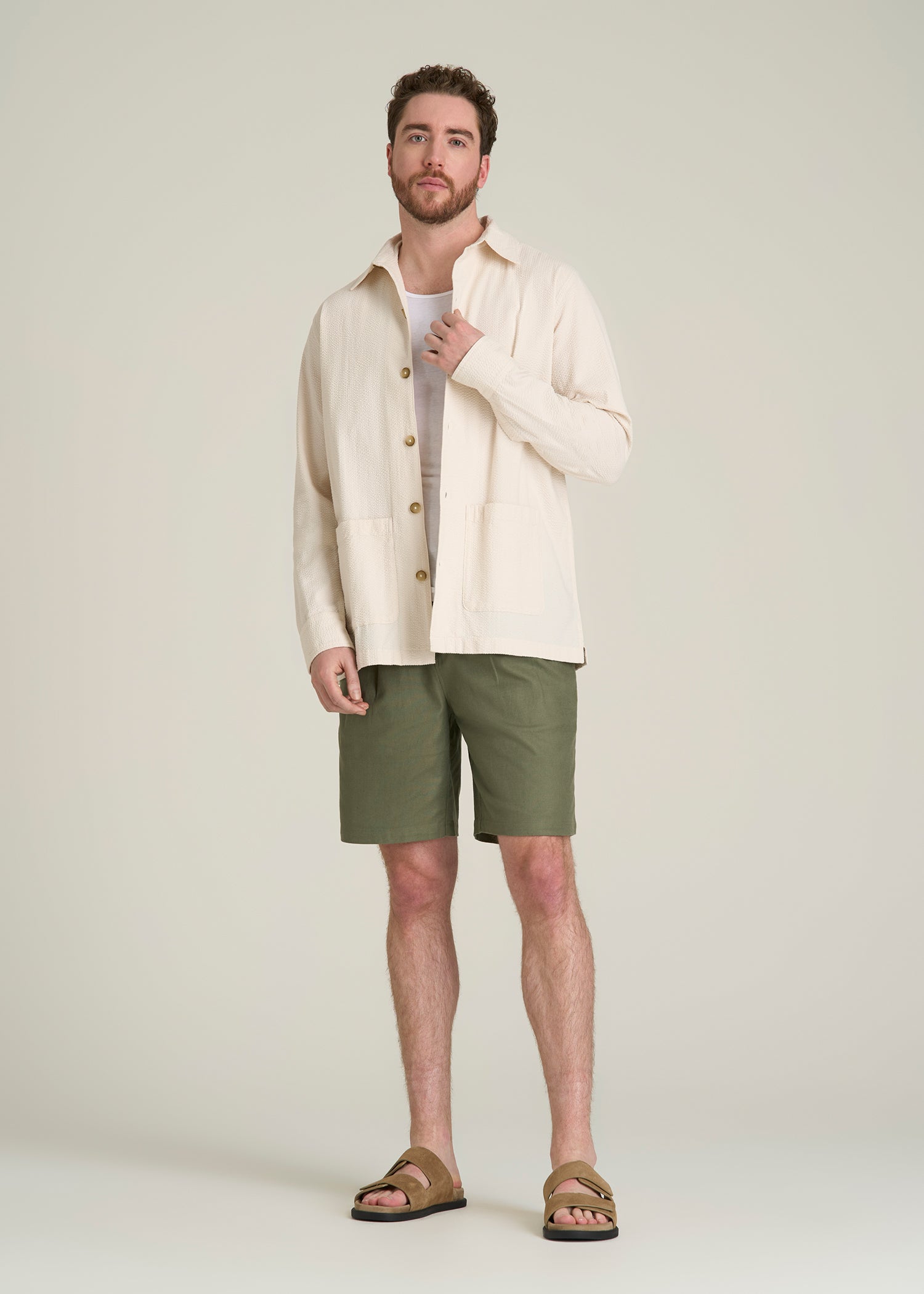 Seersucker Overshirt for Tall Men in White Sand