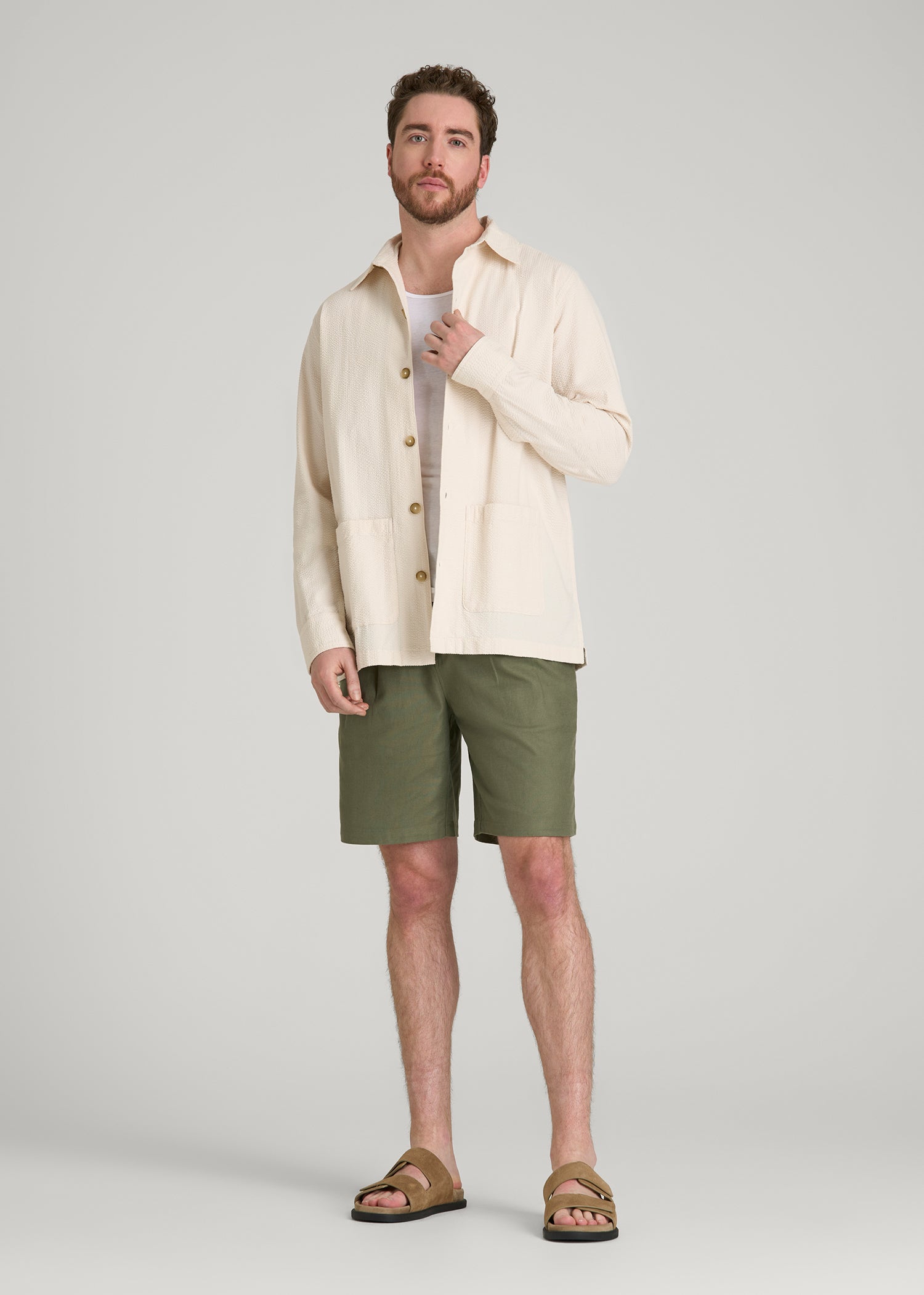 Seersucker Overshirt for Tall Men in White Sand