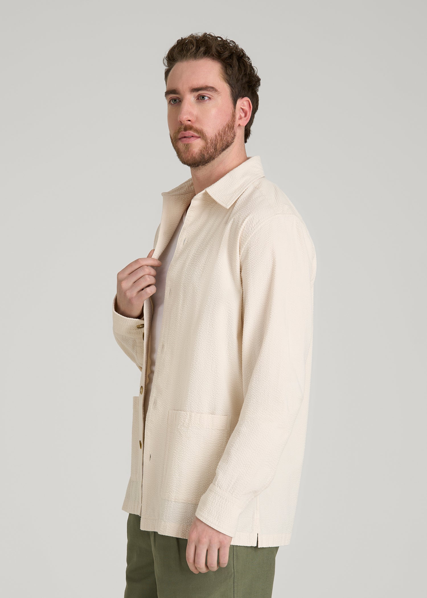 Seersucker Overshirt for Tall Men in White Sand