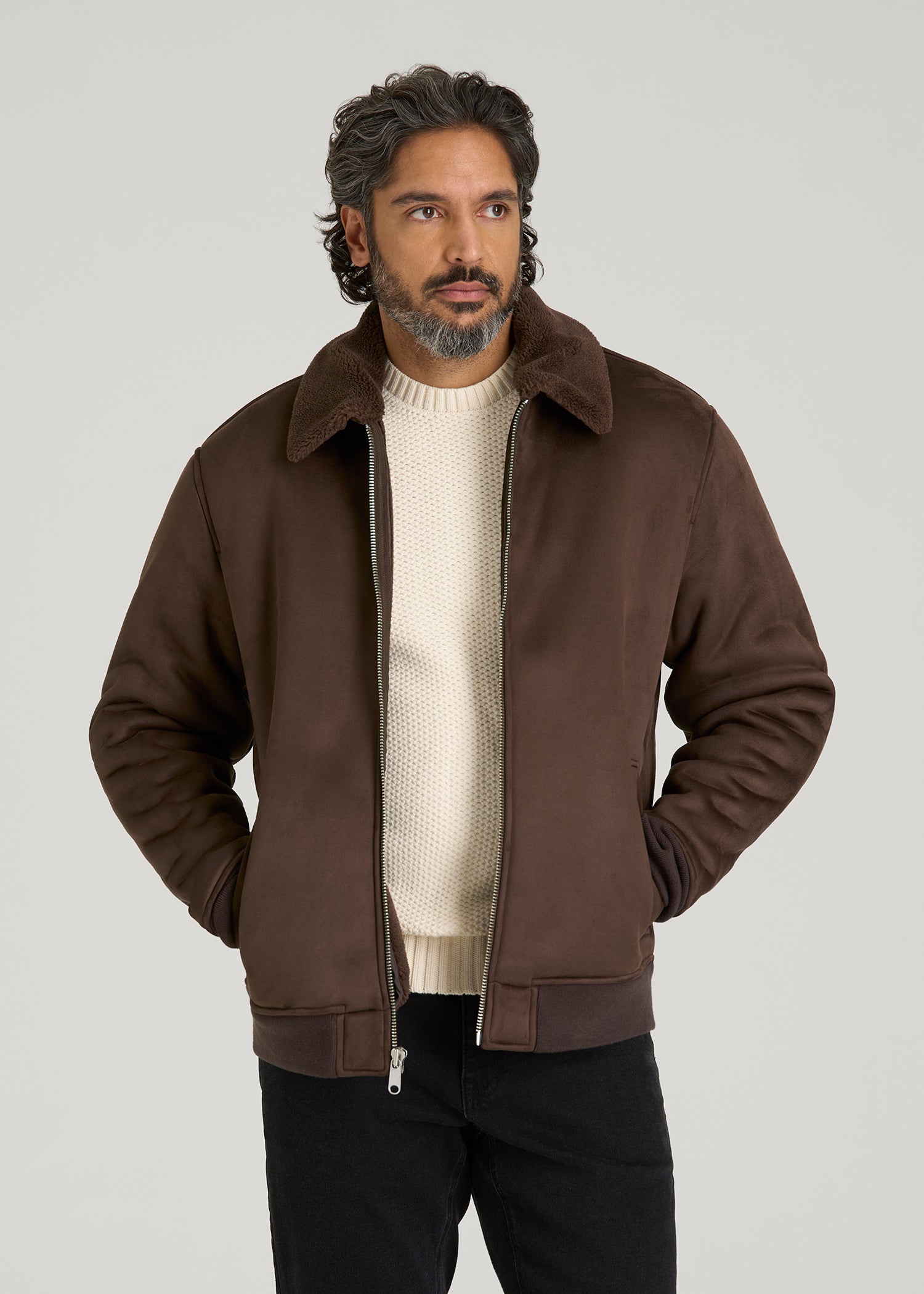 Sherpa Bomber Jacket for Tall Men in Bison Brown