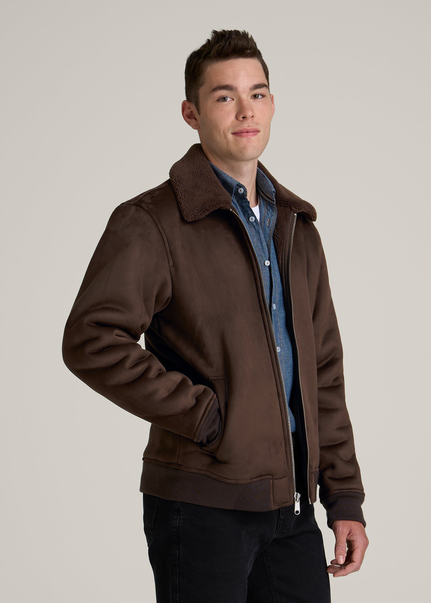 Sherpa Bomber Jacket for Tall Men in Bison Brown