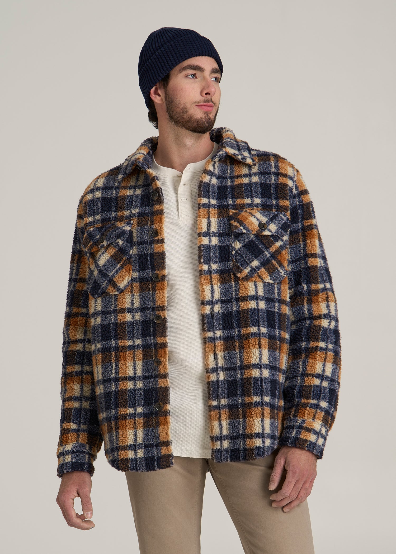 Sherpa Shirt Jacket for Tall Men in Dark Blue and Orange Plaid