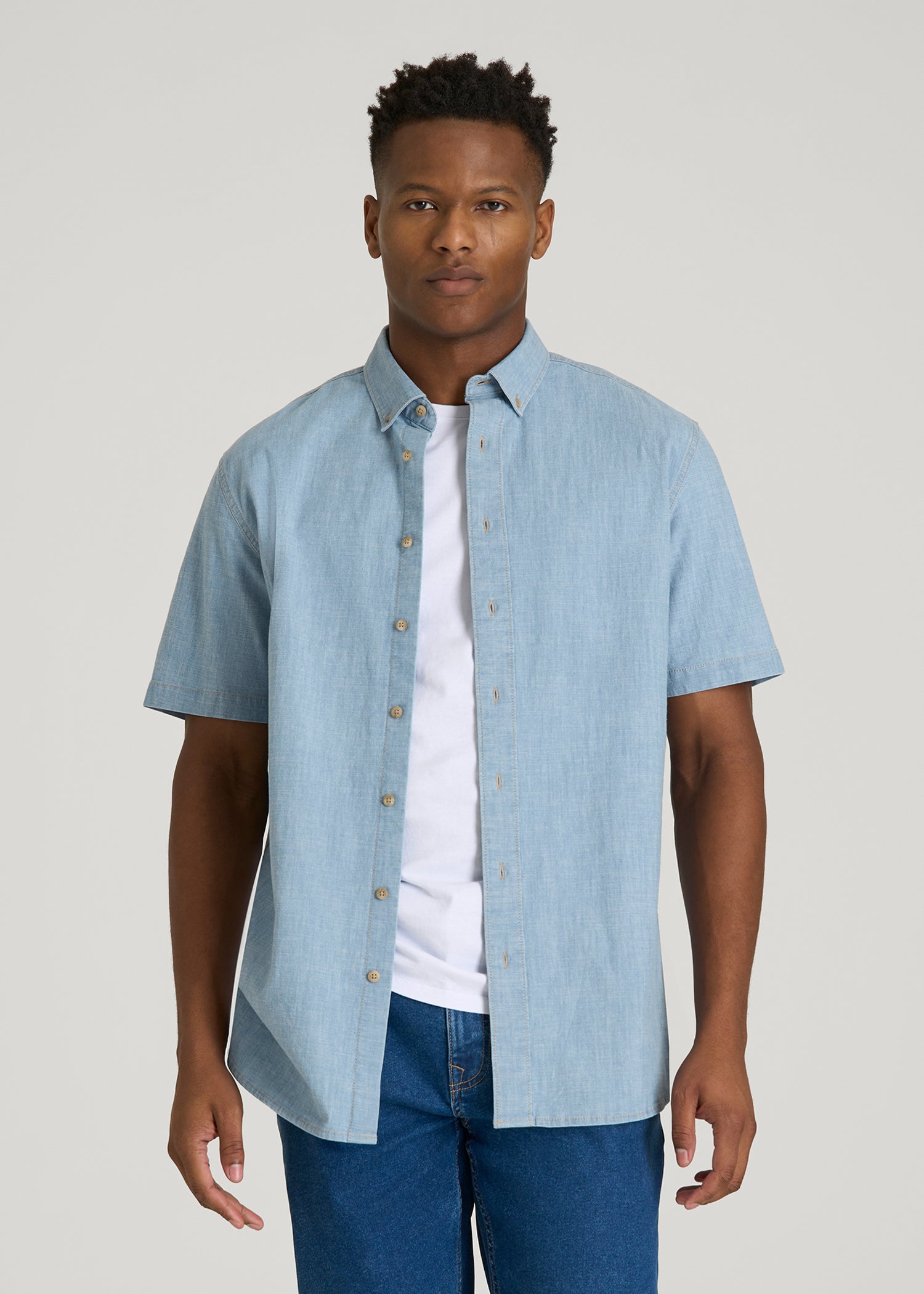 Tall Men's Chambray Shirt | Short Sleeve Stretch Fit – American Tall