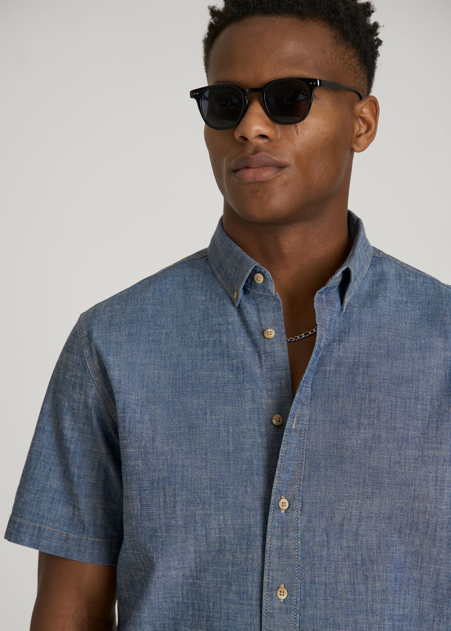 Short Sleeve Chambray Shirt for Tall Men in Mid Blue Chambray