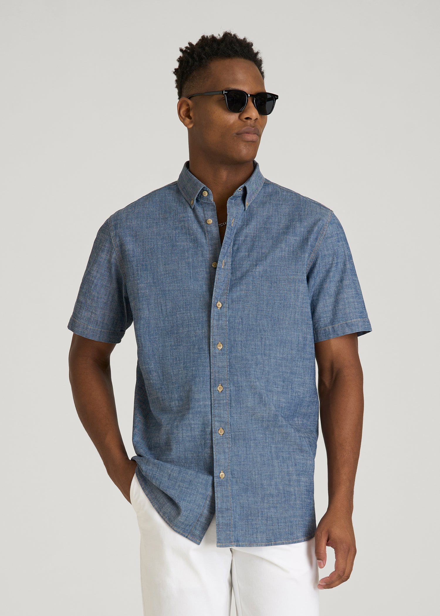 Short Sleeve Chambray Shirt for Tall Men in Mid Blue Chambray