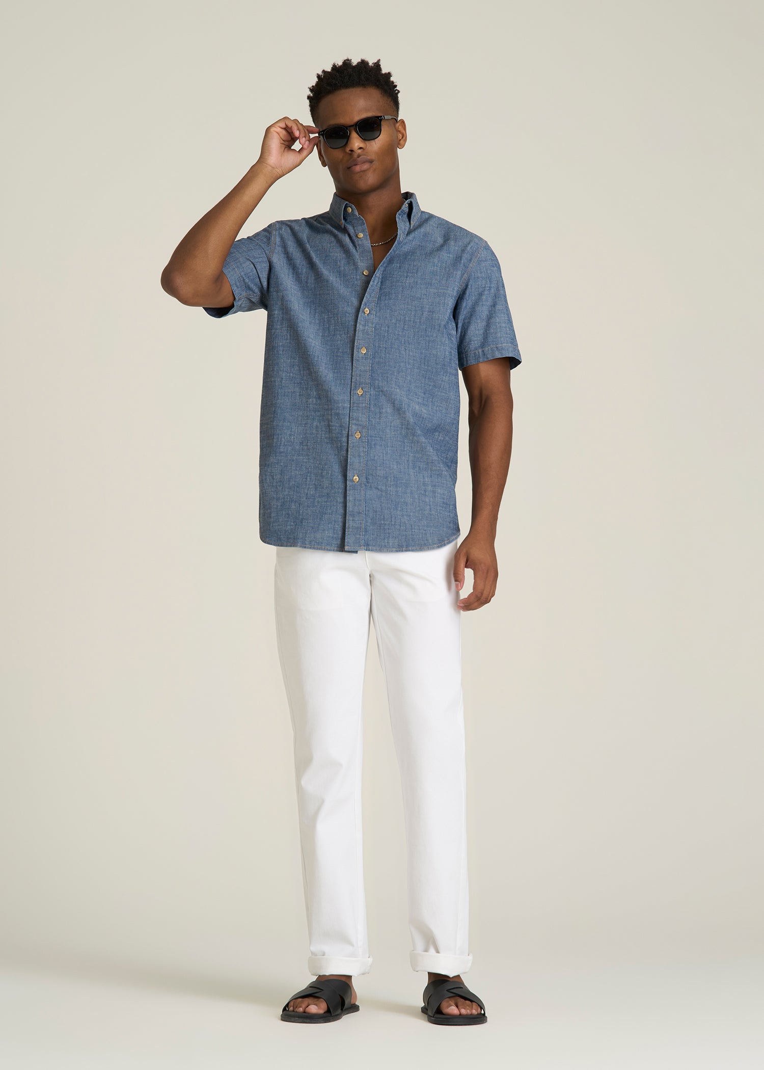 Short Sleeve Chambray Shirt for Tall Men in Mid Blue Chambray
