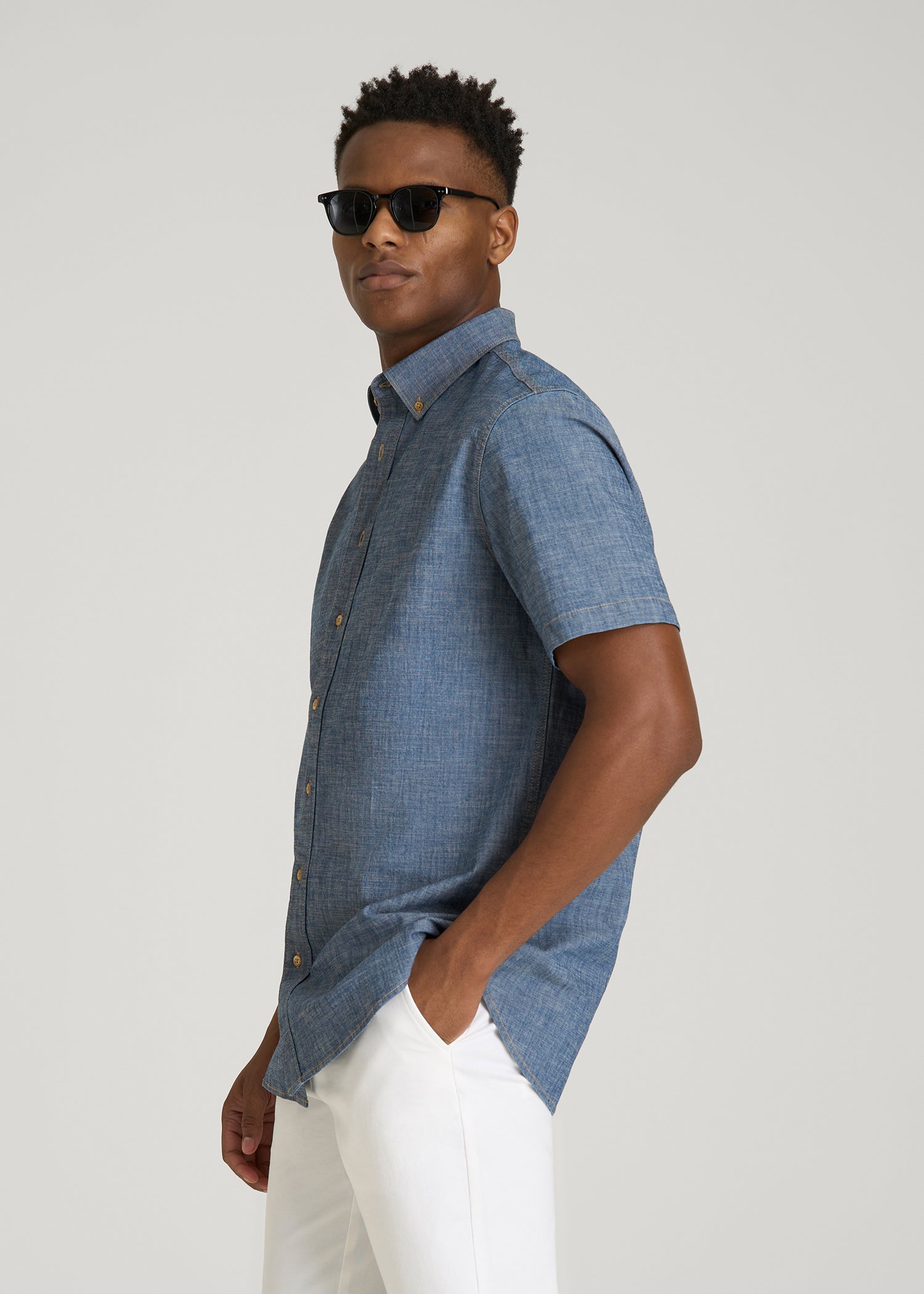 Short Sleeve Chambray Shirt for Tall Men in Mid Blue Chambray