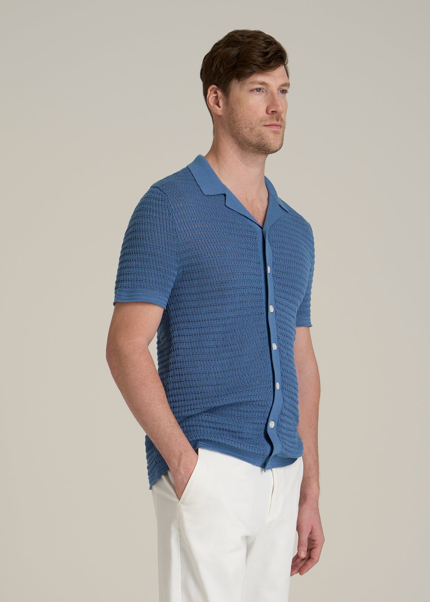 Short Sleeve Crochet Polo Cardigan for Tall Men in Deep Cobalt