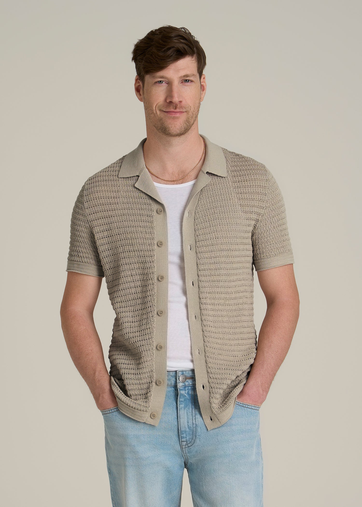 Short Sleeve Crochet Polo Cardigan for Tall Men American Tall
