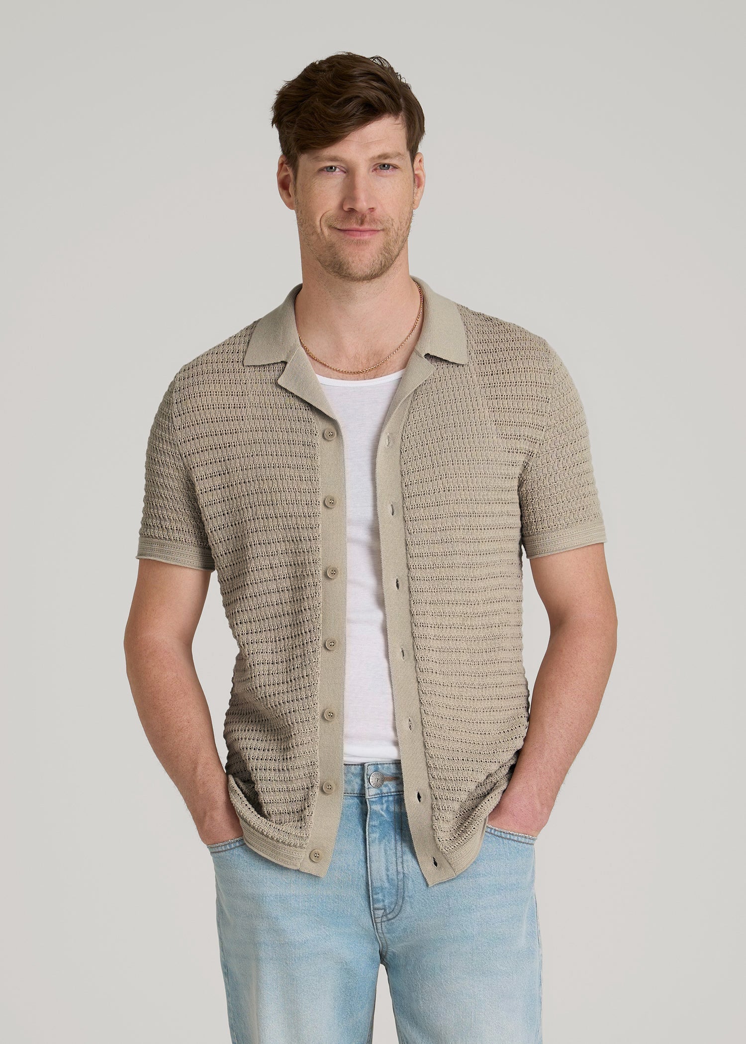 Short Sleeve Crochet Polo Cardigan for Tall Men | American Tall