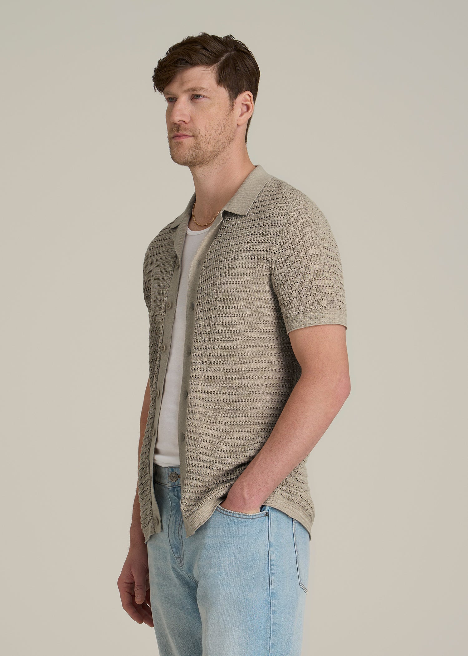 Short Sleeve Crochet Polo Cardigan for Tall Men in Light Khaki