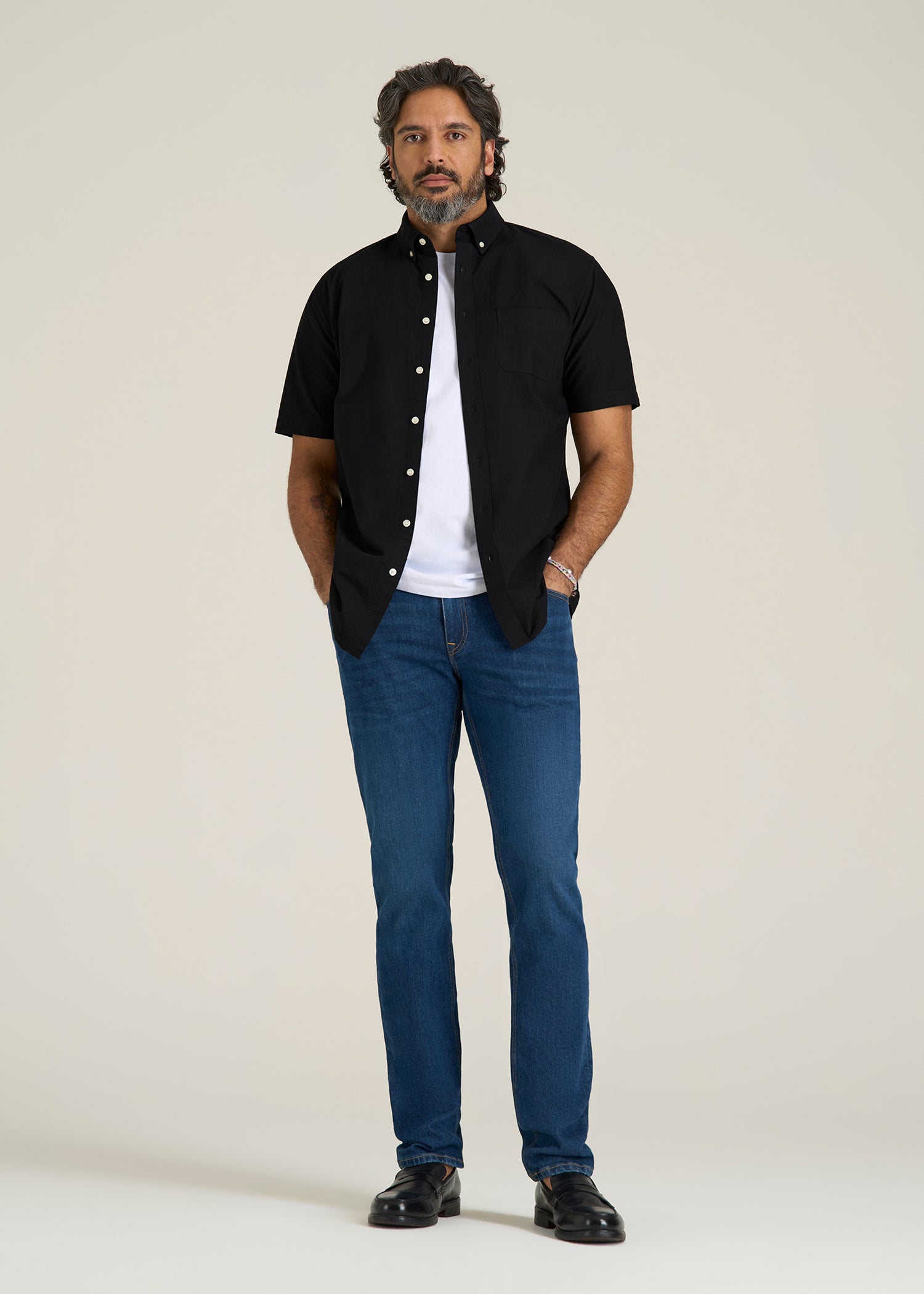 Short Sleeve Oxford Button Shirt For Tall Men in Black