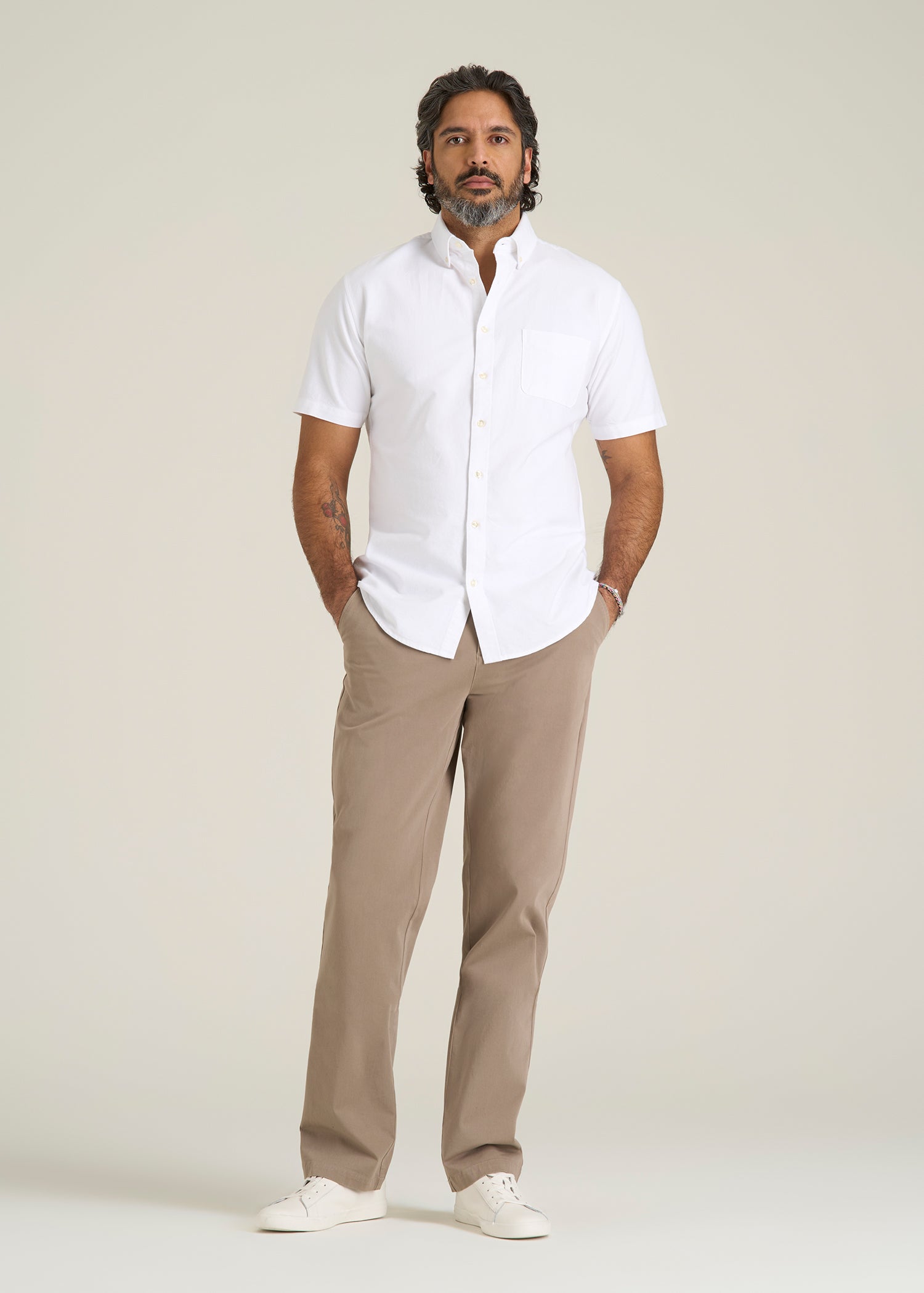 Short Sleeve Oxford Button Shirt For Tall Men in White