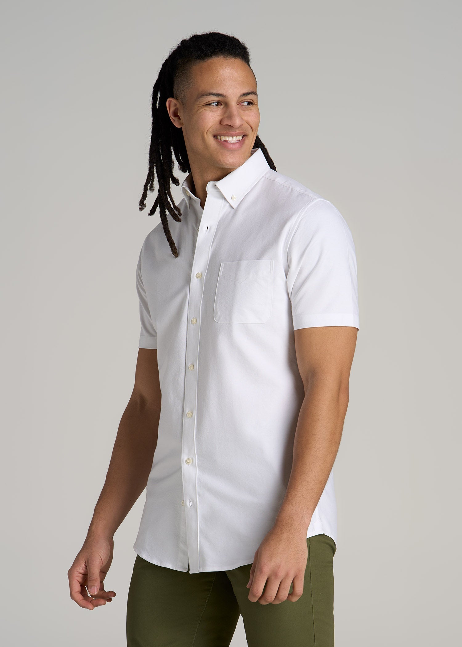 Short Sleeve Oxford Button Shirt For Tall Men in White