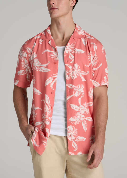 Short Sleeve Resort Shirt for Tall Men in Peach Hibiscus