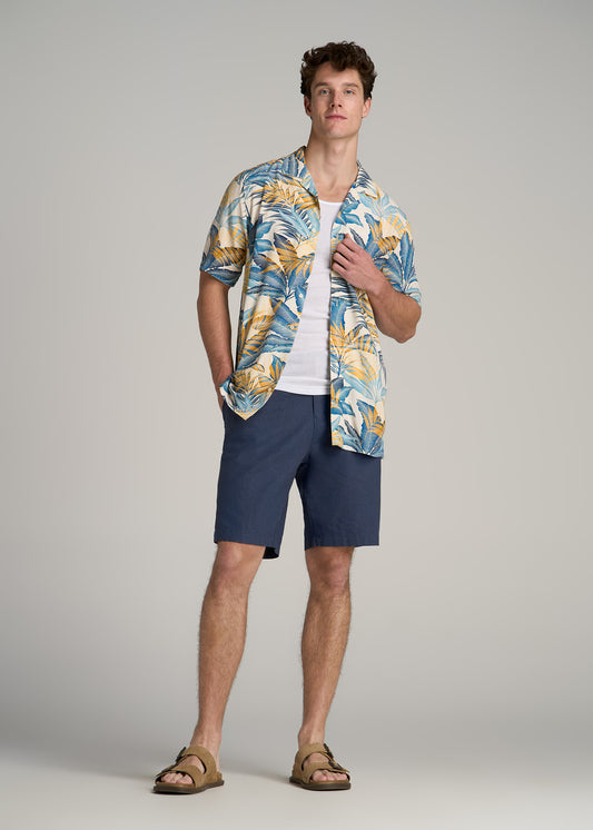 Short Sleeve Resort Shirt for Tall Men in Royal Blue and Yellow Palm