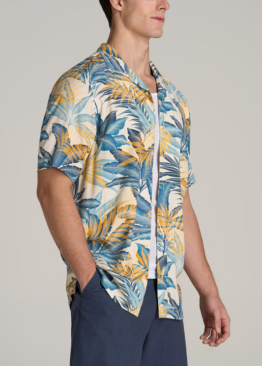 Short Sleeve Resort Shirt for Tall Men in Royal Blue and Yellow Palm