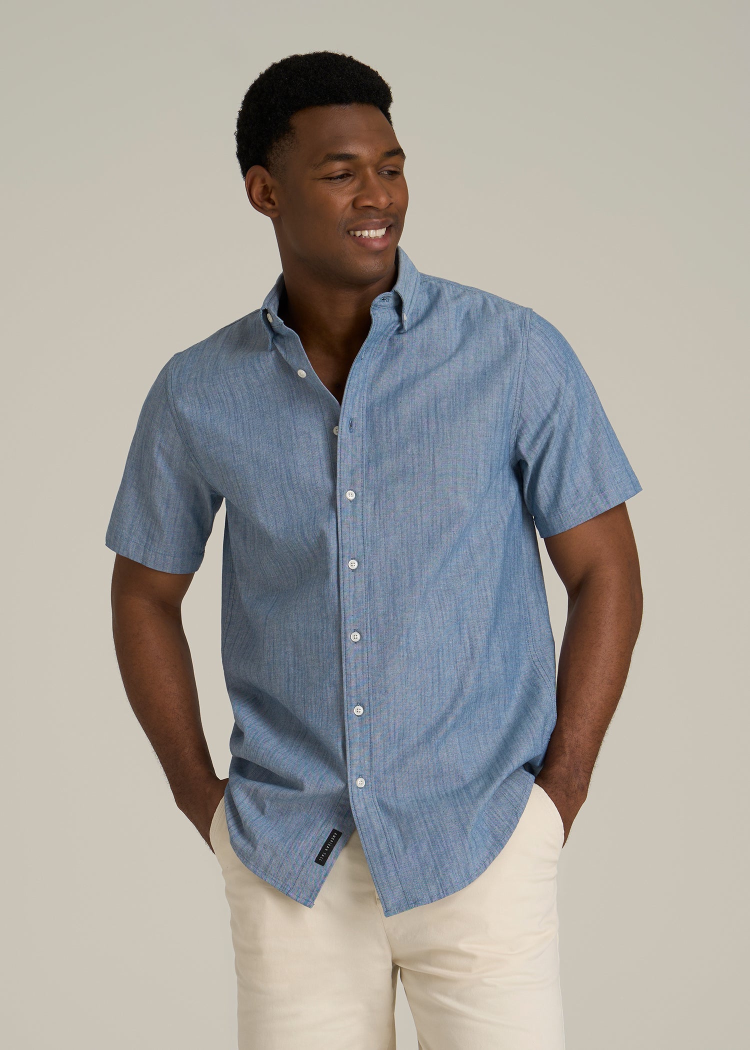 Short Sleeve Stretch Chambray Shirt for Tall Men in Medium Blue Chambray