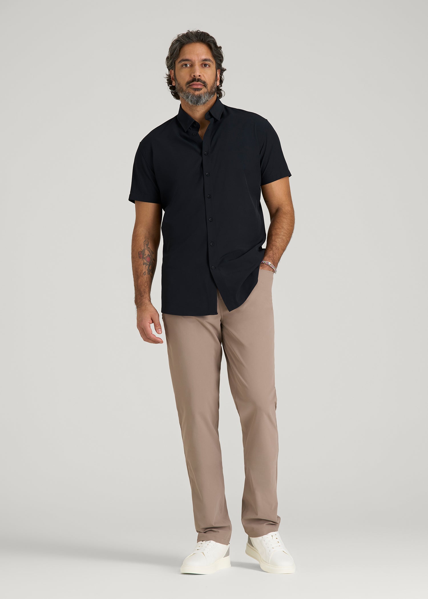 Short Sleeve Traveler Stretch Button Shirt for Tall Men in Black