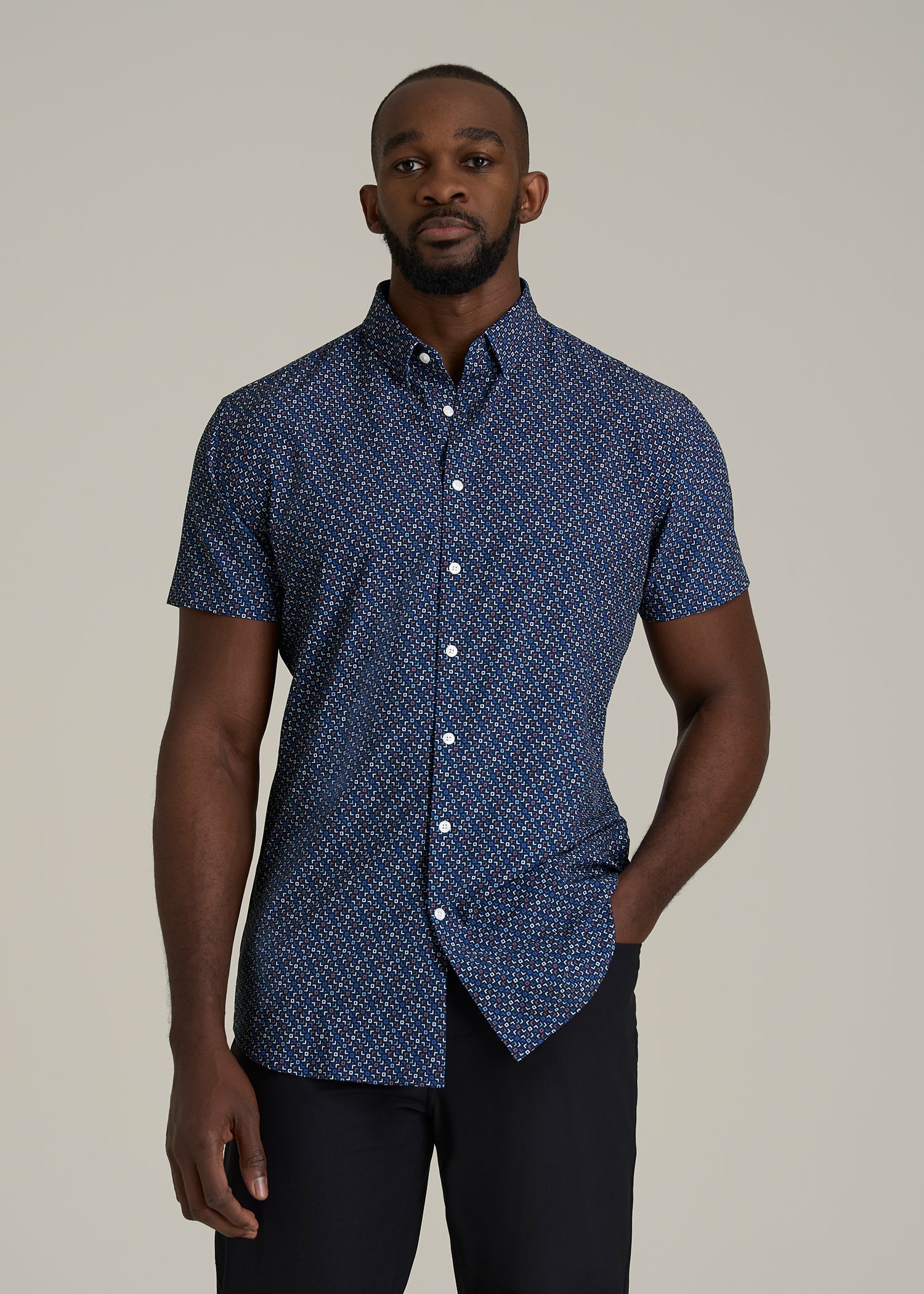 Short Sleeve Traveler Stretch Button Shirt for Tall Men in Blue Fleck
