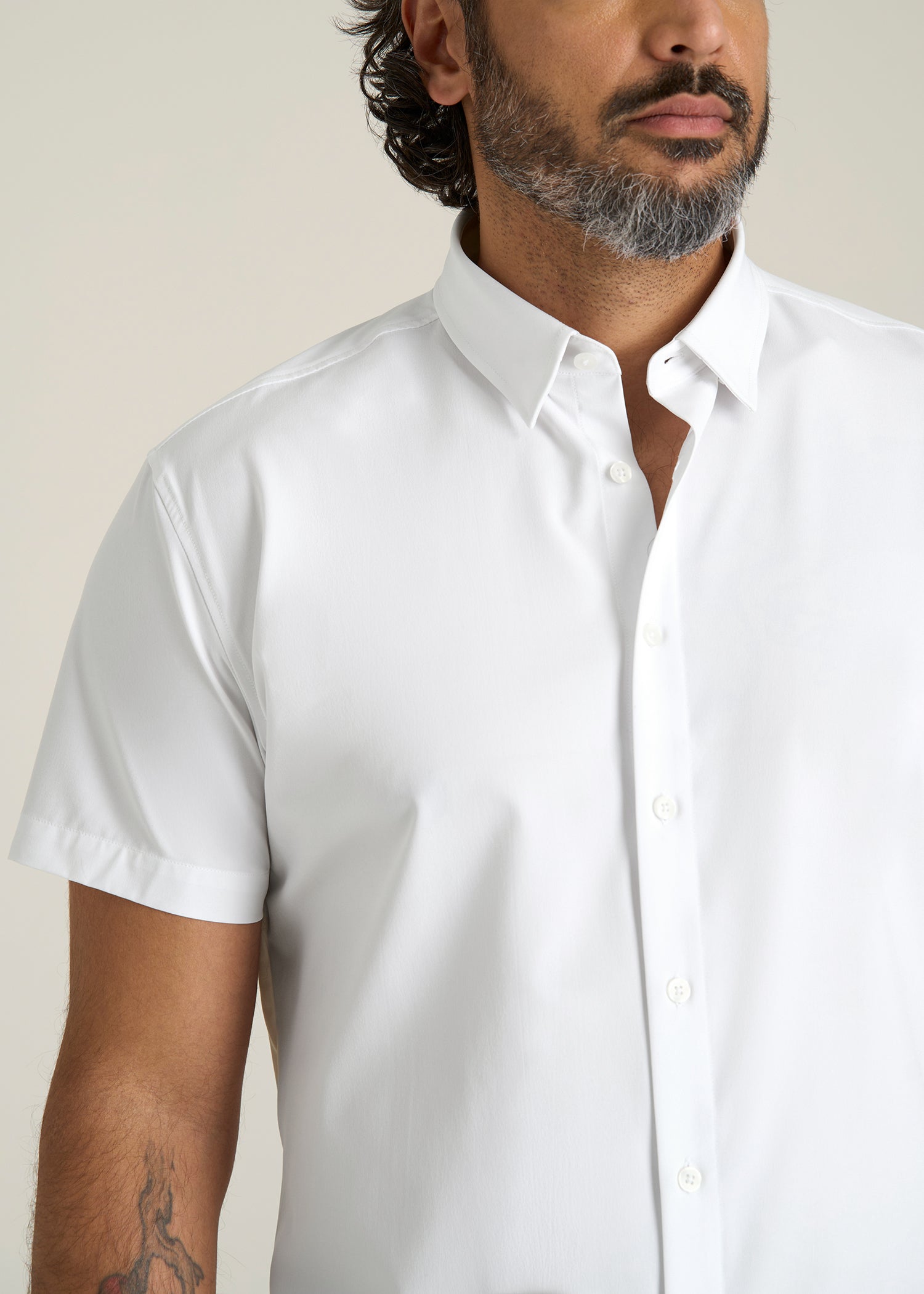 Short Sleeve Traveler Stretch Button Shirt for Tall Men in Bright White