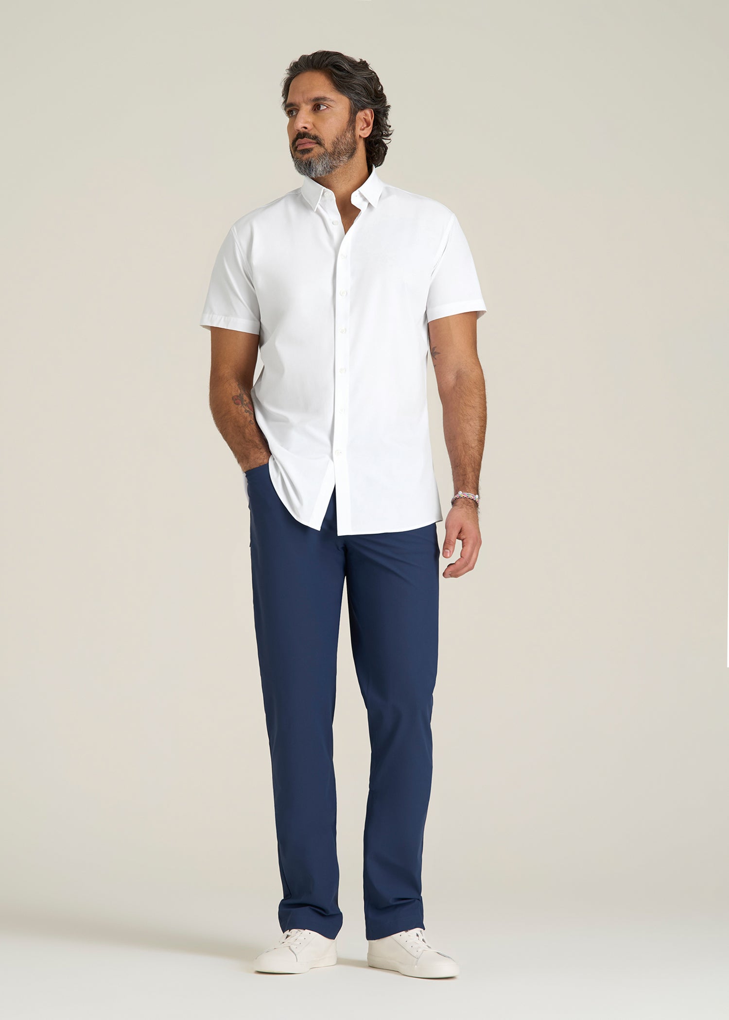 Short Sleeve Traveler Stretch Button Shirt for Tall Men in Bright White