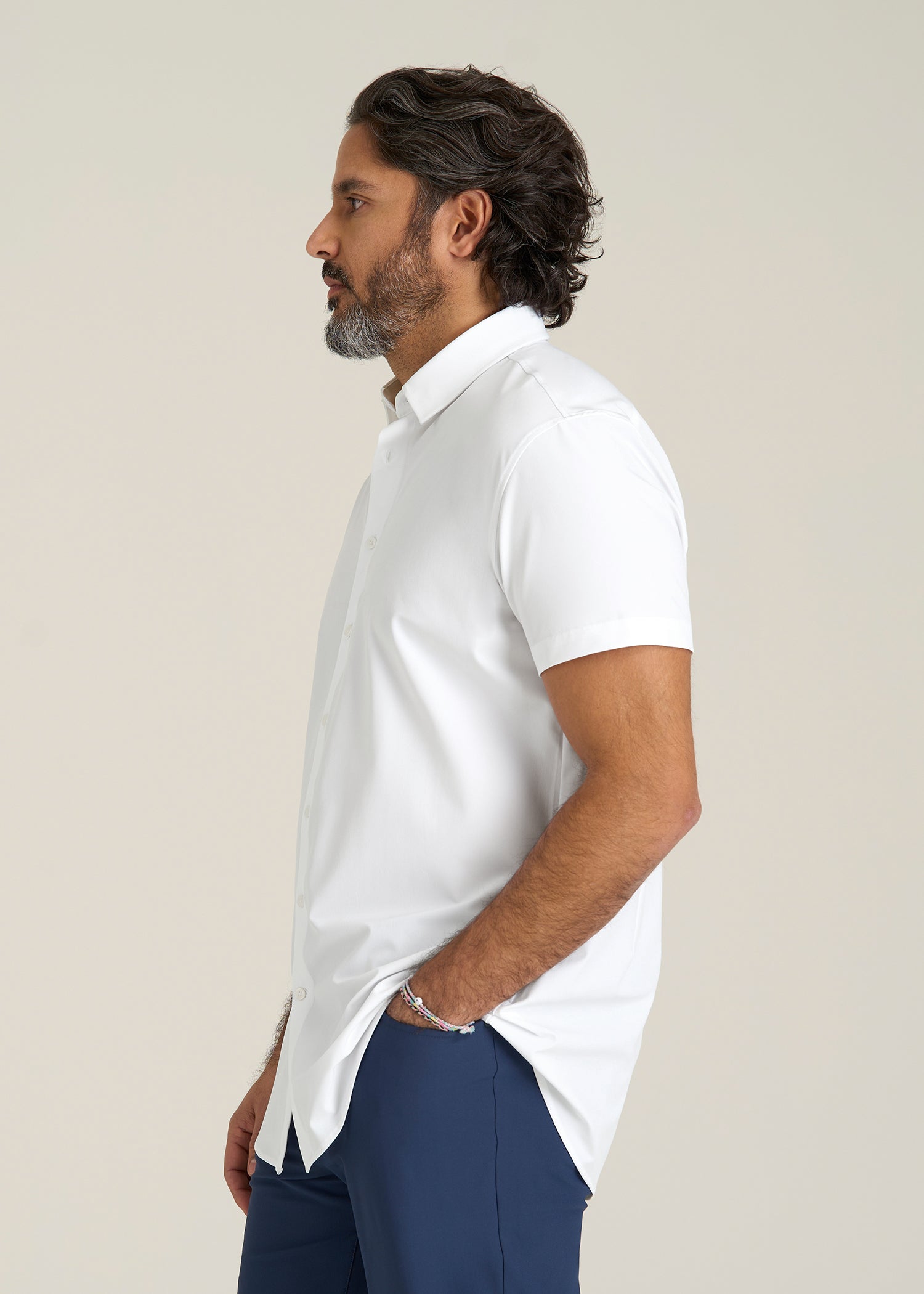 Short Sleeve Traveler Stretch Button Shirt for Tall Men in Bright White