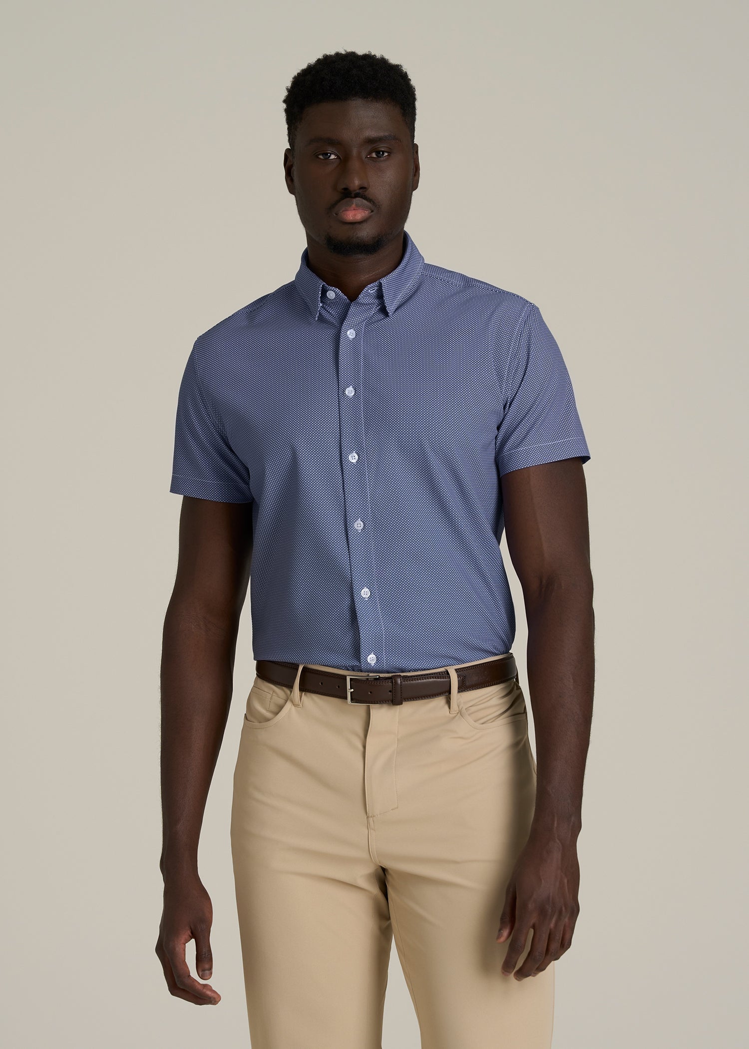 Short Sleeve Traveler Stretch Button Shirt for Tall Men in Royal Blue Geometric