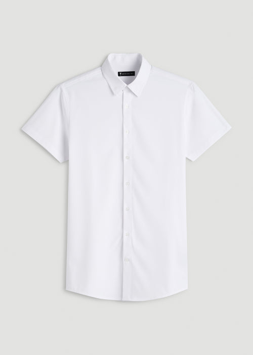 Short Sleeve Traveler Stretch Button Shirt for Tall Men in White
