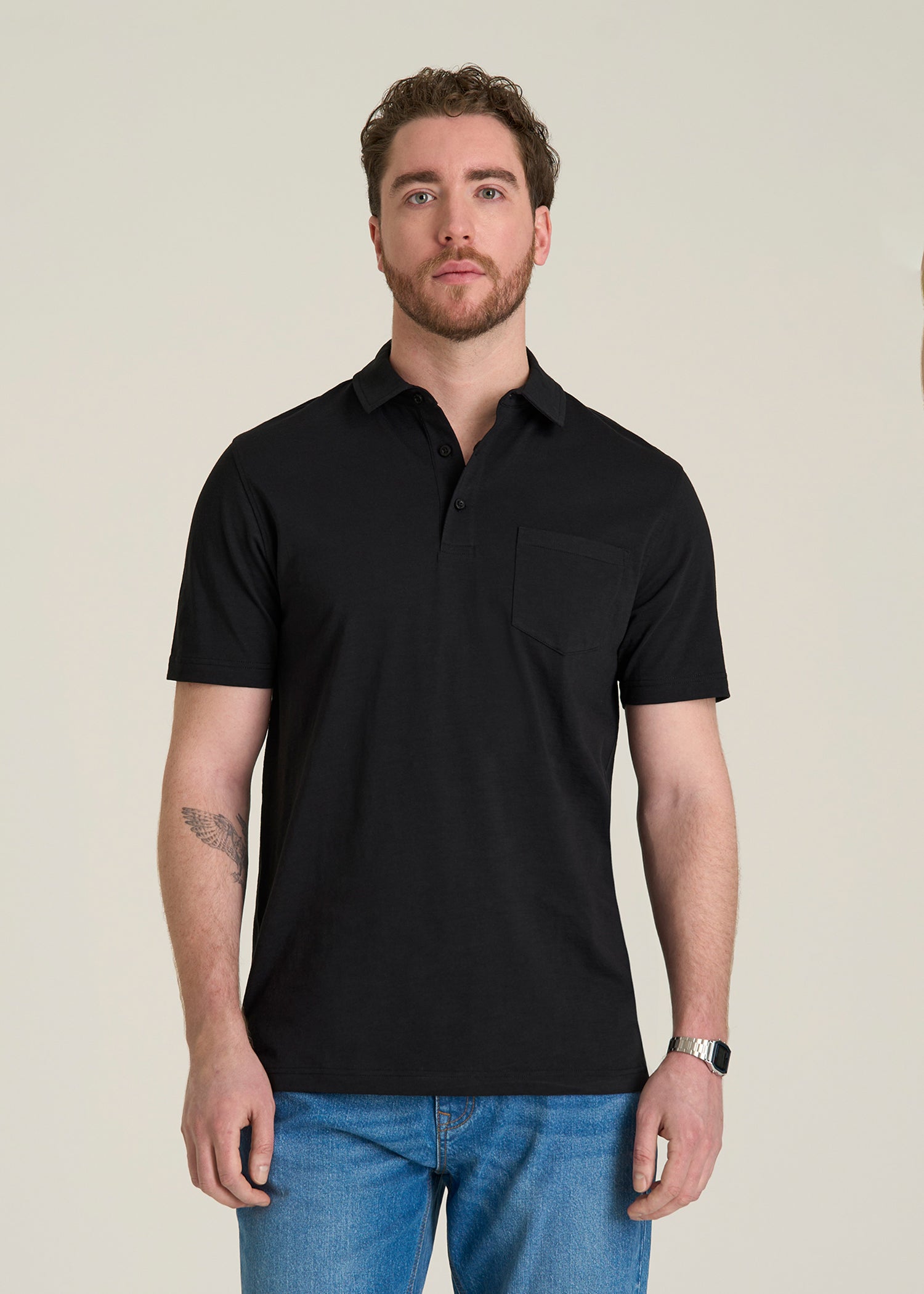 Slub Knit Polo with Pocket for Tall Men in Black