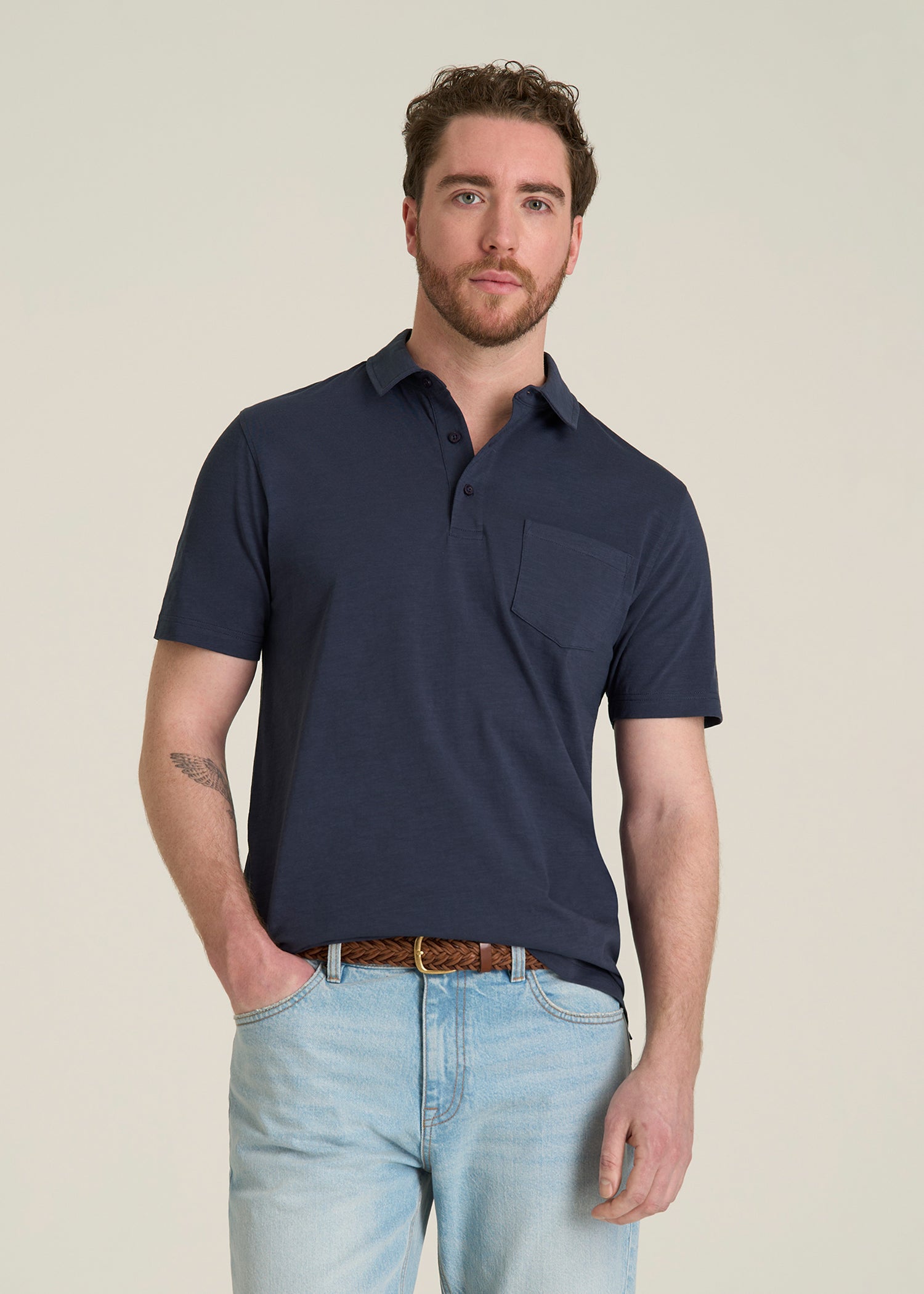 Slub Knit Polo with Pocket for Tall Men in Navy