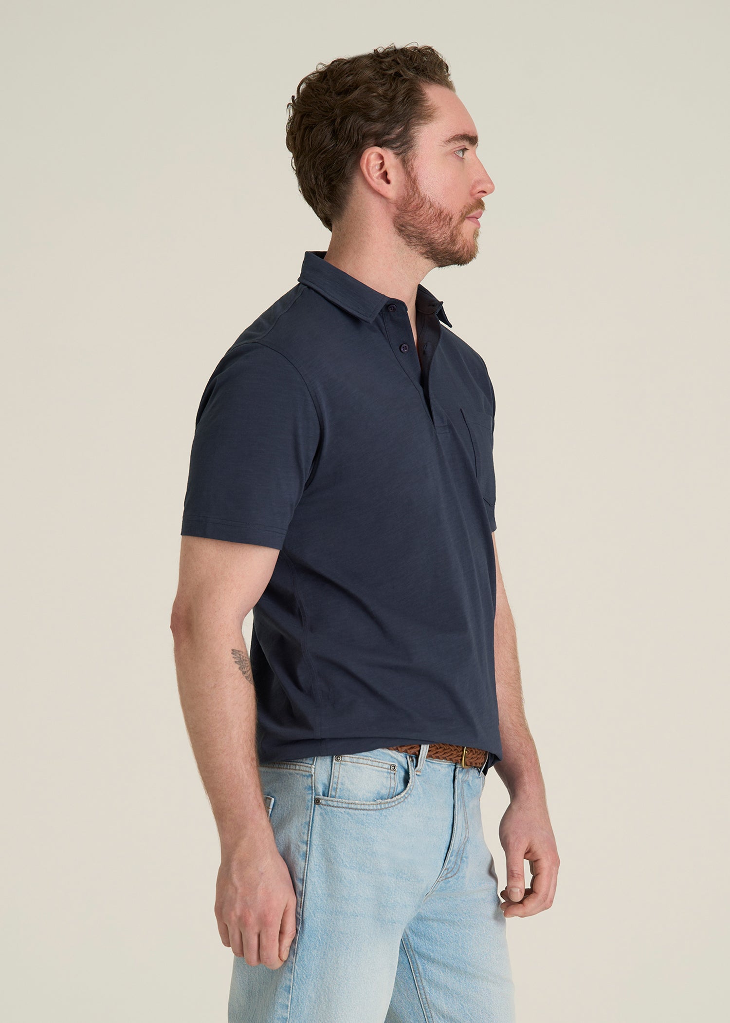 Slub Knit Polo with Pocket for Tall Men in Navy
