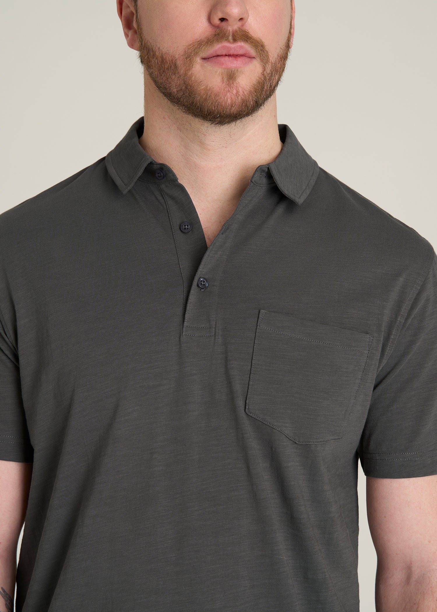 Slub Knit Polo with Pocket for Tall Men in Steel Grey