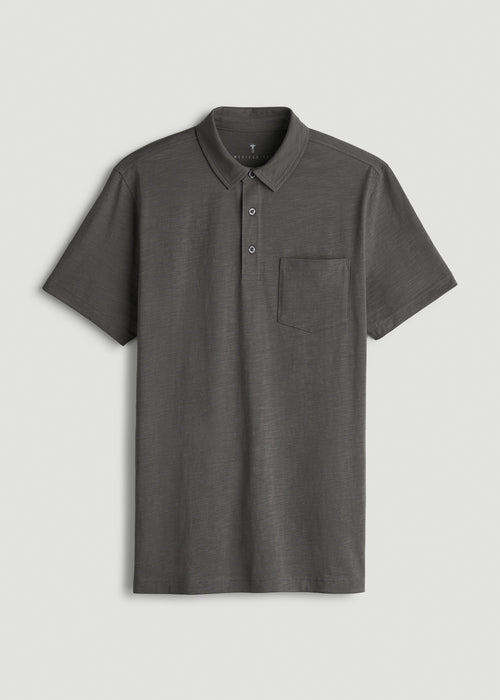 Slub Knit Polo with Pocket for Tall Men in Steel Grey