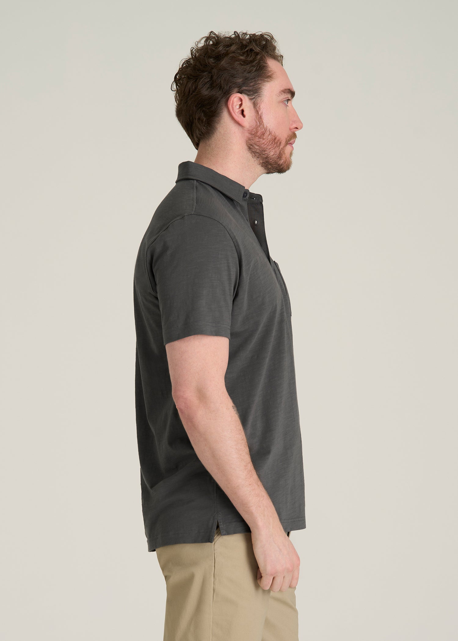 Slub Knit Polo with Pocket for Tall Men in Steel Grey