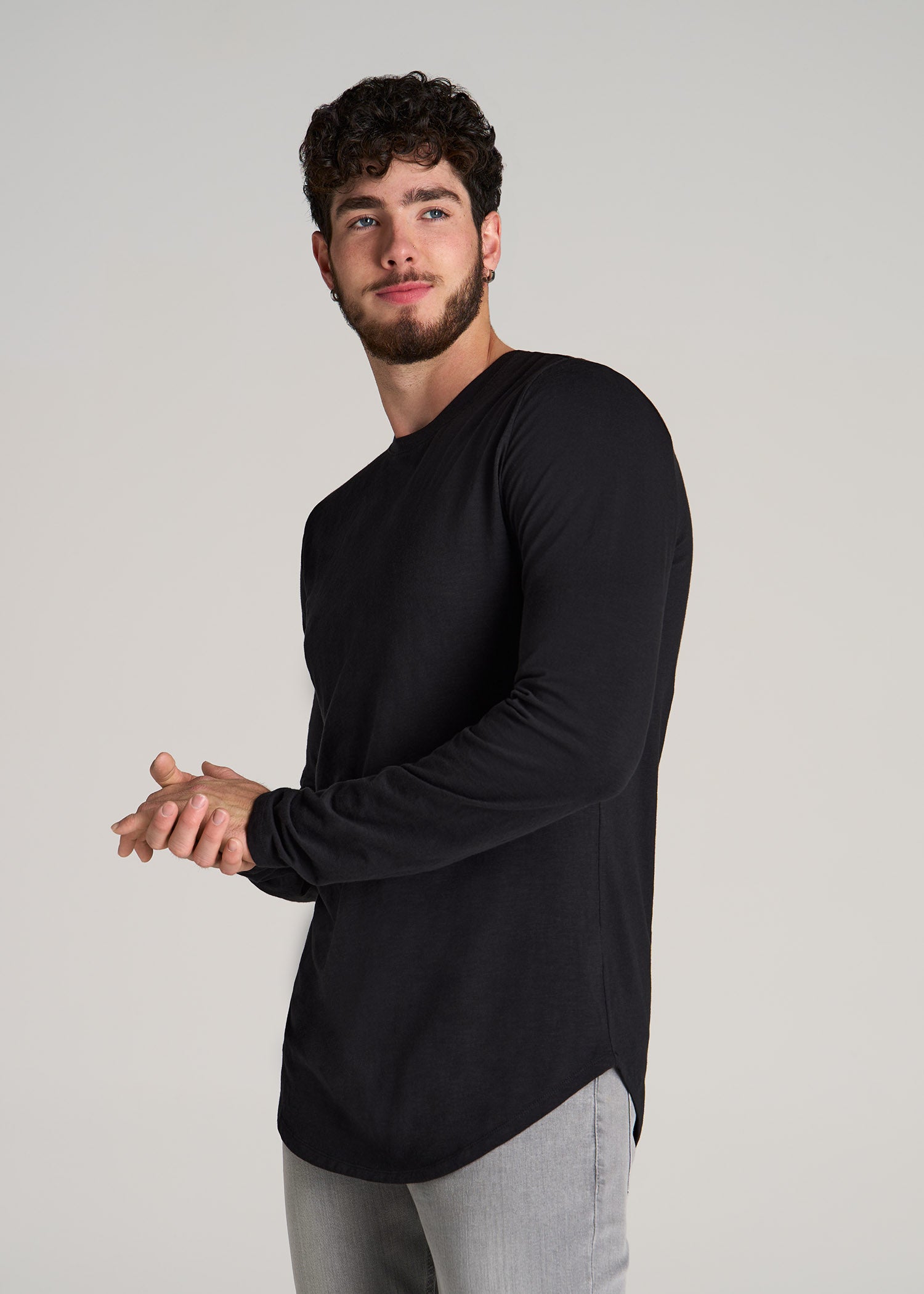 Slub Long Sleeve Scoop Tee for Tall Men in Black