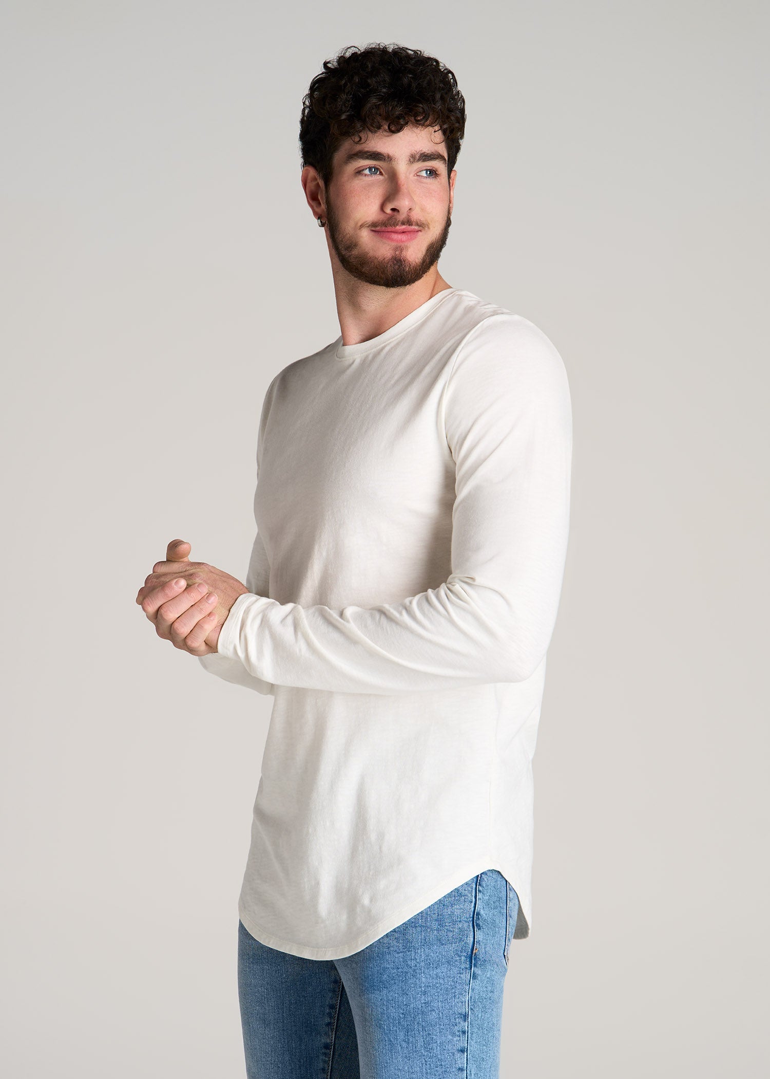 Slub Long Sleeve Scoop Tee for Tall Men in Ecru